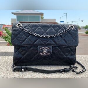 CHANEL CC Crave Black Quilted Glazed Crumpled Caviar Medium Flap Bag